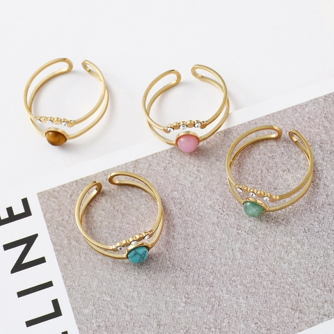 Bohemian Double Layer Open Ring For Women Adjustable Stainless Steel With Round Natural Stone And Zircon Luxury Jewelry