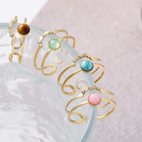 Bohemian Double Layer Open Ring For Women Adjustable Stainless Steel With Round Natural Stone And Zircon Luxury Jewelry
