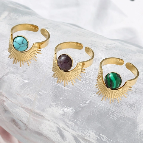 Stainless Steel Sunburst Sunflower Ring For Women Gold Plated Adjustable Open Ring With Natural Stone Bohemian Vintage