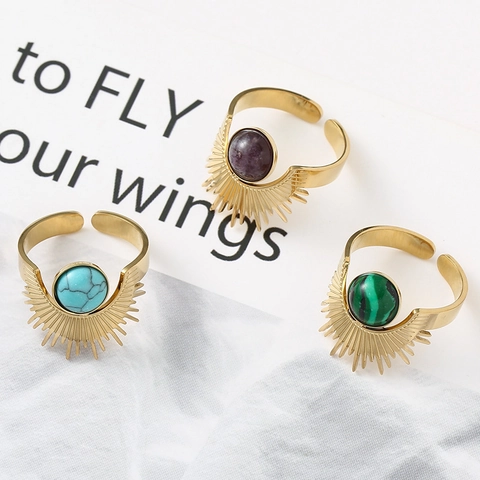 Stainless Steel Sunburst Sunflower Ring For Women Gold Plated Adjustable Open Ring With Natural Stone Bohemian Vintage