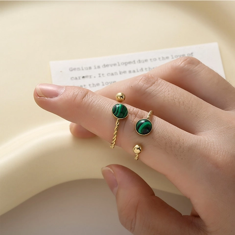 Vintage Twisted Open Ring Stainless Steel Inlaid Natural Stone Adjustable Aesthetic Finger Jewelry For Women