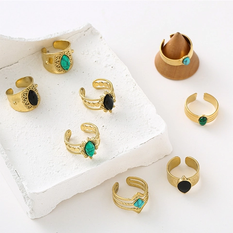 Anello Aperto In Acciaio Inossidabile Pietra Naturale Forma Goccia E Rombo Martellata Vintage Boho Gioielli Regolabili Donna