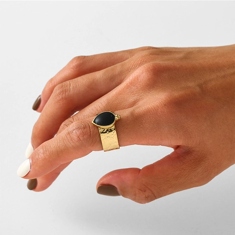 Anello Aperto In Acciaio Inossidabile Pietra Naturale Forma Goccia E Rombo Martellata Vintage Boho Gioielli Regolabili Donna