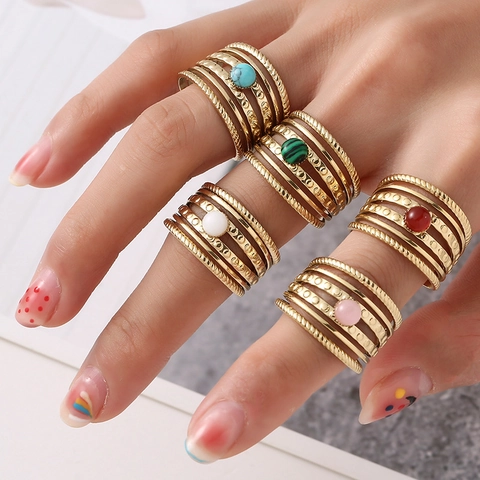 Bohemian Multi Layer Hollow Open Ring Stainless Steel Gold Plated Round Stone Adjustable Retro Jewelry For Women