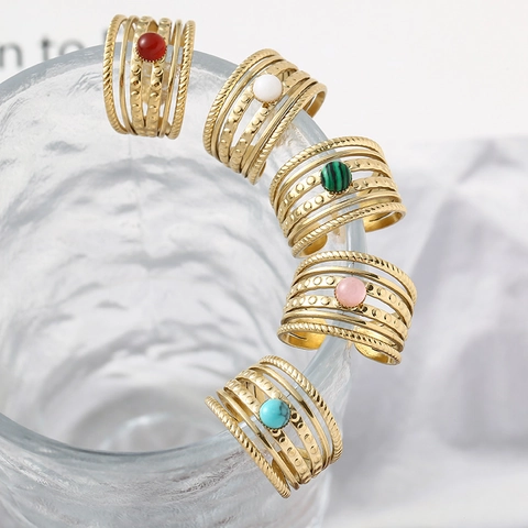 Bohemian Multi Layer Hollow Open Ring Stainless Steel Gold Plated Round Stone Adjustable Retro Jewelry For Women