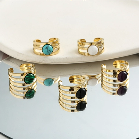 Anello A Fascia A Tre Strati In Acciaio Inossidabile Placcato Oro Con Pietra Colorata Rotonda Regolabile Da Donna