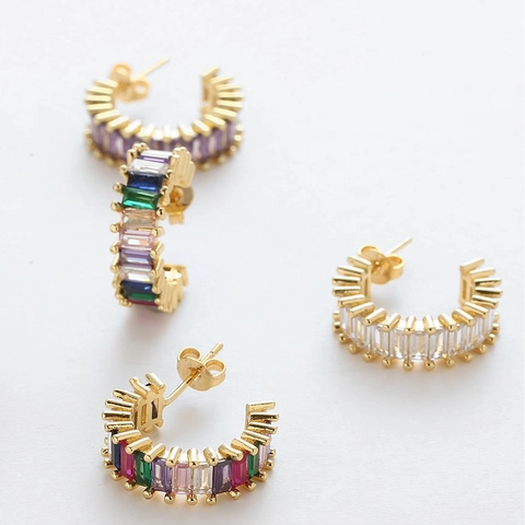 Retro C-Shaped Hoop Earrings For Women Copper Gold Plated With Baguette Cut Zircon Geometric Fashion