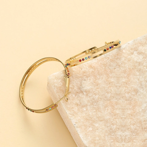 Retro Gold Hoop Earrings For Women Stainless Steel With Rainbow Colorful Rhinestones Hollow Out Geometric Design