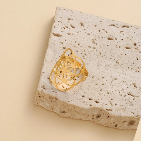 Vintage Hohlblume Offener Ring 18K Vergoldet Edelstahl Verstellbarer Geometrischer Schmuck Für Damen