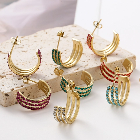 Geometric C-Shape Stud Earrings For Women Stainless Steel With Sparkling Three Row Rhinestones Vintage INS Style Jewelry