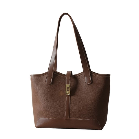 Borsa Tote Donna Grande Capacità Pelle PU Cuciture A Contrasto Chiusura Dorata Borsa A Spalla A Mano Commuter Semplice Urbano