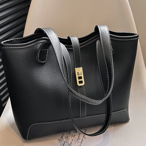 Borsa Tote Donna Grande Capacità Pelle PU Cuciture A Contrasto Chiusura Dorata Borsa A Spalla A Mano Commuter Semplice Urbano