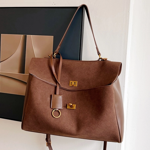 Sac À Épaule Vintage Femmes Similicuir Daim Patchwork Grande Capacité Serrure Dorée À Tournant Sac À Main Navette Minimaliste