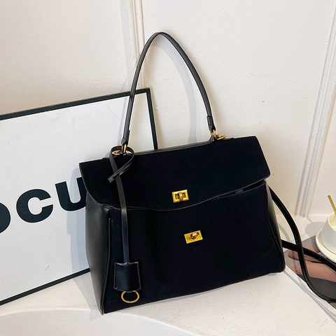 Sac À Épaule Vintage Femmes Similicuir Daim Patchwork Grande Capacité Serrure Dorée À Tournant Sac À Main Navette Minimaliste