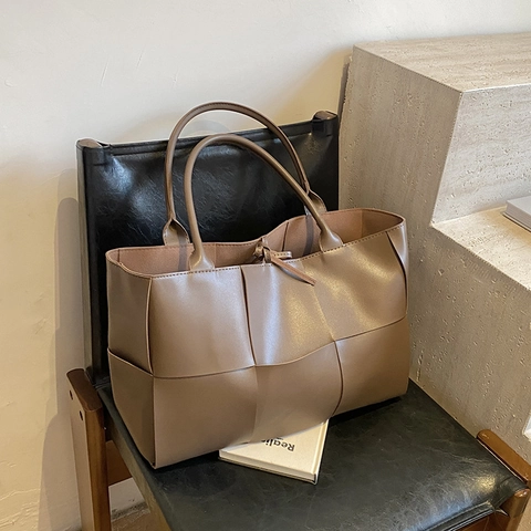 Große Gewebte Einkaufstasche PU-Leder Hohe Kapazität Schultertasche Für Frauen Trendig Minimalistisch Büro Carryall