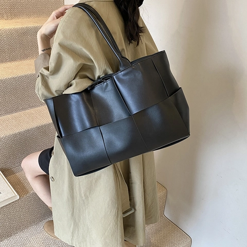 Große Gewebte Einkaufstasche PU-Leder Hohe Kapazität Schultertasche Für Frauen Trendig Minimalistisch Büro Carryall