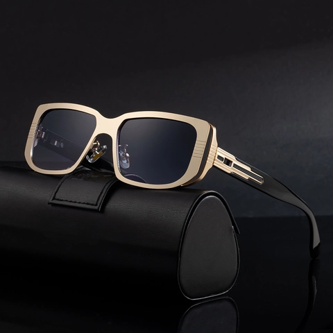 Men Square Sunglasses Retro Punk Metal Frame UV400 Protection Fashionable Small Frame Gradient PC Lens