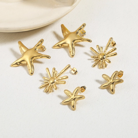 Gold Plated Stainless Steel Stud Earrings Ocean Starfish Sunburst Textured Individual Style For Women Summer Vacation