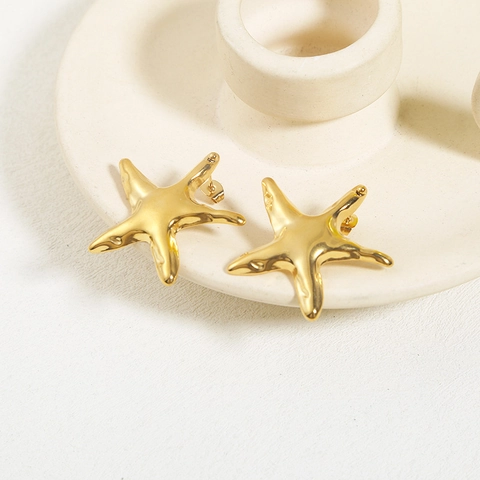 Gold Plated Stainless Steel Stud Earrings Ocean Starfish Sunburst Textured Individual Style For Women Summer Vacation