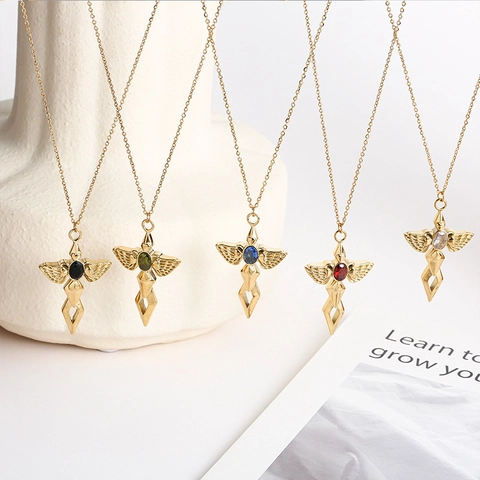 Collana Con Pendente Spada Ali D Angelo Acciaio Inossidabile Placcato Oro Pietra Preziosa Ovale Gioielli Gotici