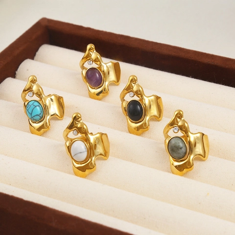 Anello Design Irregolare In Acciaio Inossidabile Con Piedra Naturale E Zircone Anello Regolabile Per Donna