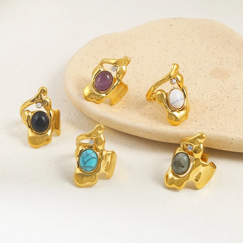 Anello Design Irregolare In Acciaio Inossidabile Con Piedra Naturale E Zircone Anello Regolabile Per Donna