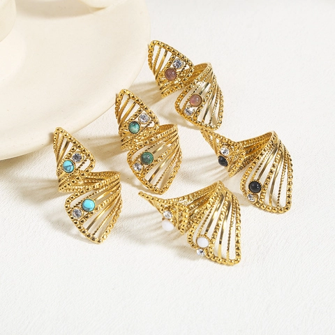 Geometric Twisted Hollow Open Ring Stainless Steel Rhinestone Colored Stone Bohemian Vintage Fashion Jewelry For Women