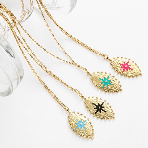 Collier Pendentif Octogramme Vintage Acier Inoxydable Texture Martelée Émail Étoile Du Nord Bijoux Pour Femmes Style Rétro Français