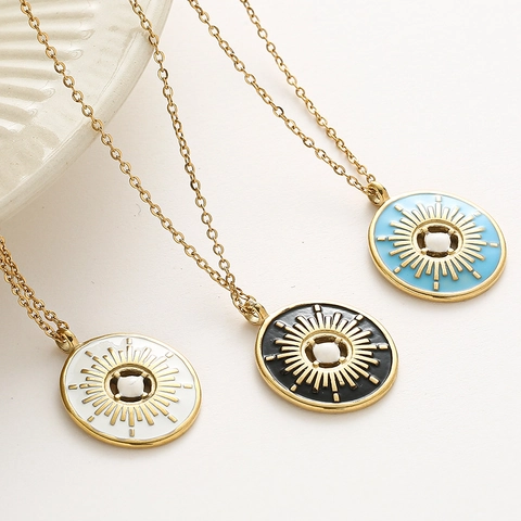 Collana Con Ciondolo A Sole Tondo Acciaio Inossidabile Placcato Oro Smalto Disco Girasole Gioielli Boho Vintage Donna