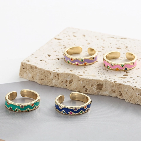 Anello Aperto In Smalto Colorato Acciaio Inossidabile Placcato Oro Regolabile Zircone Gioielli Da Dito Per Donna