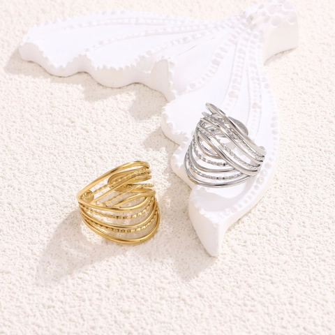 Anillo Multistrato In Acciaio Inossidabile Placcato Oro 18K Fascia Larga Minimalista Stile Ins Gioielli Testurizzati Per Donna