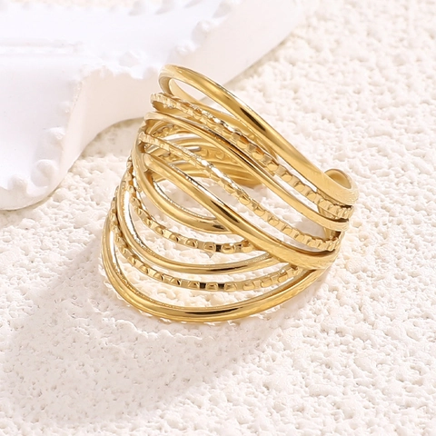 Anillo Multistrato In Acciaio Inossidabile Placcato Oro 18K Fascia Larga Minimalista Stile Ins Gioielli Testurizzati Per Donna