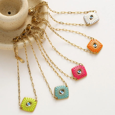 Evil Eye Bracelet Stainless Steel Gold Plated Square Enamel Pendant Adjustable Paperclip Link Chain Retro Punk Jewelry