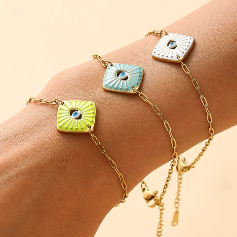 Evil Eye Bracelet Stainless Steel Gold Plated Square Enamel Pendant Adjustable Paperclip Link Chain Retro Punk Jewelry