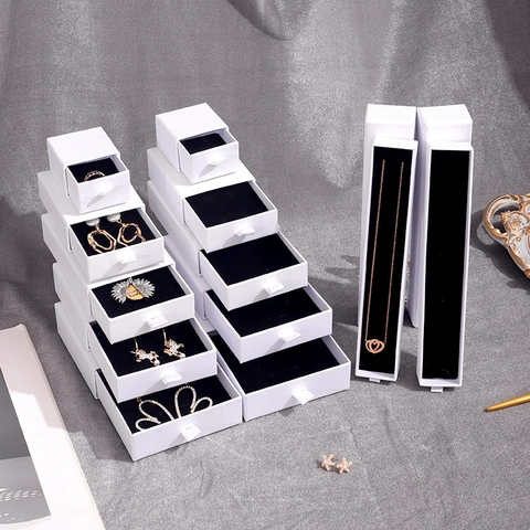 Minimalist White Drawer Jewelry Gift Box Paper Packaging Ribbon Handle Black Sponge Lining Ring Earring Necklace Case