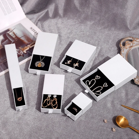 Minimalist White Drawer Jewelry Gift Box Paper Packaging Ribbon Handle Black Sponge Lining Ring Earring Necklace Case