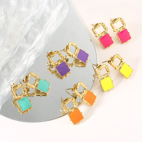 Retro Geometric Square Drop Earrings Hammered Texture Stainless Steel Hollow Colorful Enamel Dangle For Women