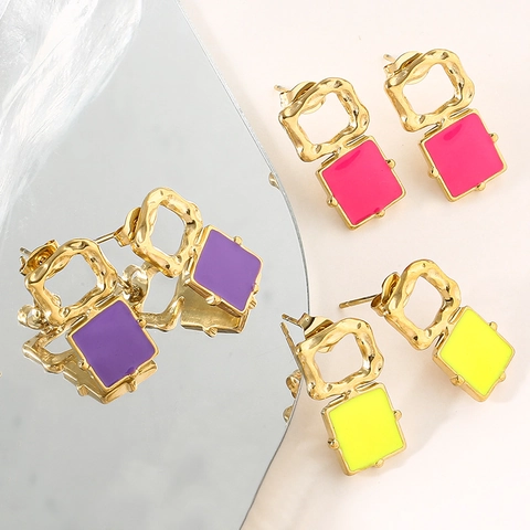 Retro Geometric Square Drop Earrings Hammered Texture Stainless Steel Hollow Colorful Enamel Dangle For Women