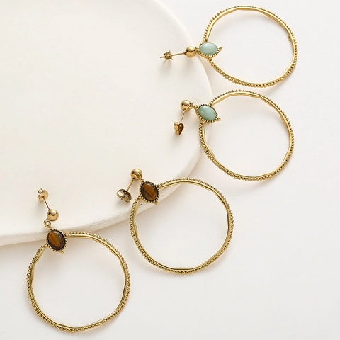 Pendientes de aro de acero inoxidable chapados en oro franceses retro con piedra preciosa ovalada Blanco Verde Rojo Rosa Círculo geométrico Borde de cuentas Joyería para mujer
