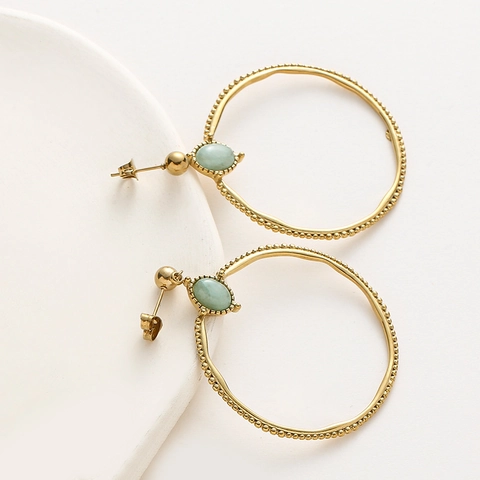 Pendientes de aro de acero inoxidable chapados en oro franceses retro con piedra preciosa ovalada Blanco Verde Rojo Rosa Círculo geométrico Borde de cuentas Joyería para mujer