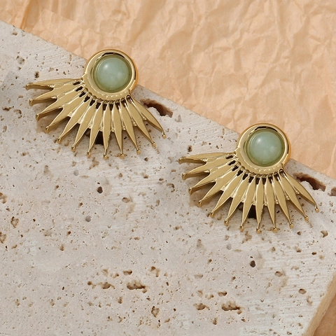 Vintage Fan Shaped Stud Earrings Stainless Steel Inlaid Natural Stone Sunburst Geometric Jewelry Women