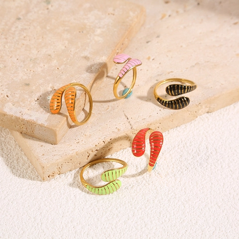 Snake Shape Open Ring Stainless Steel Gold Plated Colorful Enamel Stripe Adjustable Minimalist Trendy Jewelry For Gift