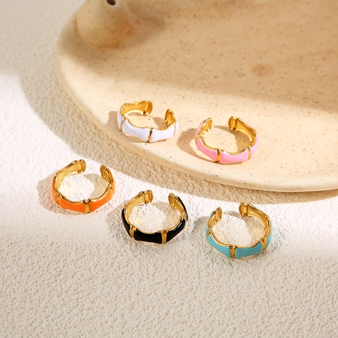 Anillo Regolabile In Acciaio Inossidabile Design Bambù Smalto Colorato Gioielli Eleganti Donna Retrò Minimalista