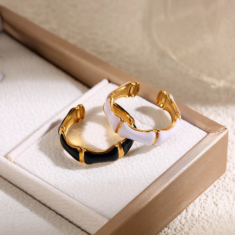 Anillo Regolabile In Acciaio Inossidabile Design Bambù Smalto Colorato Gioielli Eleganti Donna Retrò Minimalista