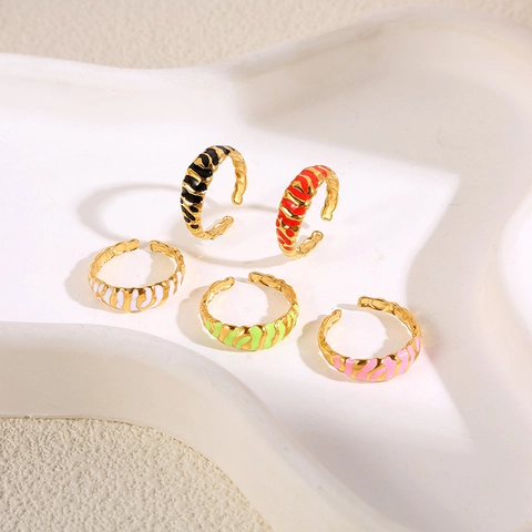 Anillo Abierto Ajustable Acero Inoxidable Retro Esmalte Patrón Cebra Irregular Contraste De Color Joyería Moda
