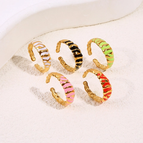 Anillo Abierto Ajustable Acero Inoxidable Retro Esmalte Patrón Cebra Irregular Contraste De Color Joyería Moda