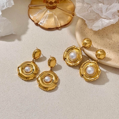 Orecchini Di Künstliche Perle Vintage Acciaio Inossidabile Placcato Oro Onda Irregolare Geometrica Per Donne Gioielli Di Lusso