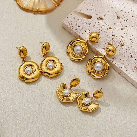 Orecchini Di Künstliche Perle Vintage Acciaio Inossidabile Placcato Oro Onda Irregolare Geometrica Per Donne Gioielli Di Lusso
