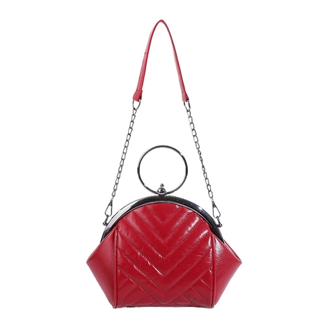 Retro Shell Bag Women PU Leather V-Quilted Design Metal Ring Handle Detachable Chain Strap Fashion Kiss-lock Handbag
