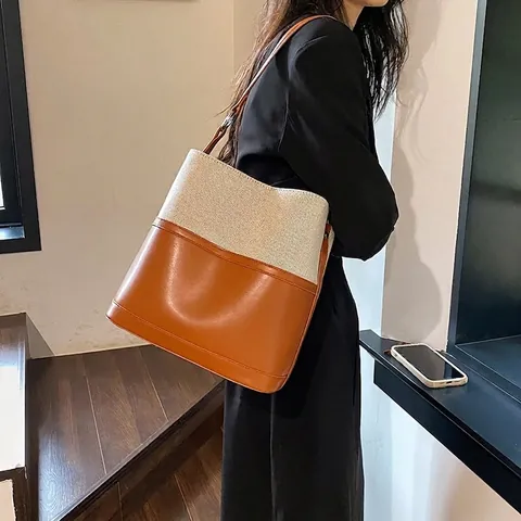 Borsa Secchiello Donna Patchwork Pelle PU E Tela Grande Capacità Colore A Contrasto Retro Borsa A Spalla Mano Moda Minimalista